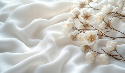 A close up of a white flower on a white cloth. Generative AI