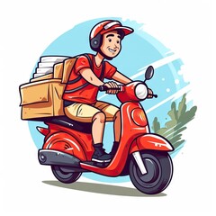 Deliveryman runs fast with the scooter to deliver pizza. Generative AI - 733054194