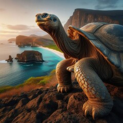 Giant Galapagos tortoise standing majestically on the cliff edge of an island
 - obrazy, fototapety, plakaty
