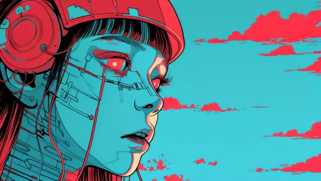 a blue-skinned female wearing cybernetic headgear with red electronic eyes and red clouds in the background.