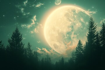 Green misty forest with a large glowing moon - obrazy, fototapety, plakaty