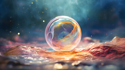 Soap bubble resting on a textured surface - obrazy, fototapety, plakaty