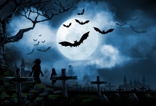 Halloween background with bat at night with dark moon on night sky, for Halloween concept, digital art style, illustration painting.