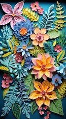 Fototapeta premium Vibrant and colorful paper flower and leaves composition. Pink, yellow and blue flowers with green leaves.