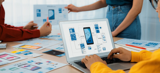 Panorama banner of startup UX developer or company employee design user interface or UI prototype for mobile application or website software with software display on laptop monitor in office. Synergic