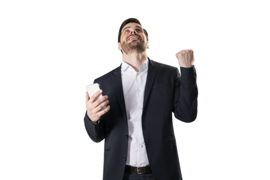 Joyful businessman with smartphone raising fist in success, isolated on white. Achievement concept