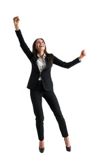 Exuberant businesswoman with arms raised in celebration, isolated on white. Success concept