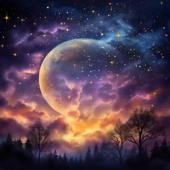 Fotobehang Fantasy landscape with a large moon and colorful sky © Du