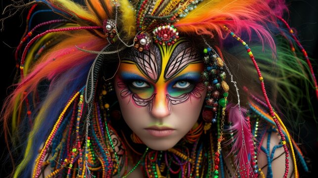 A woman with colorful face paint and headdress