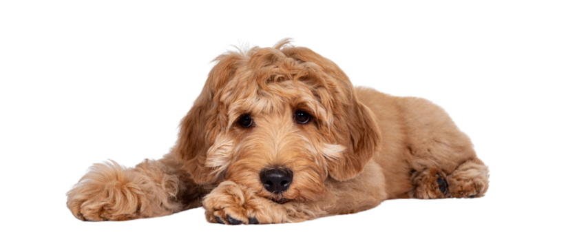 Cute 4 months young Labradoodle pup, laying down side ways. Haed on paws looking very sad beside camera with closed mouth. Isolated cutout on transparent background.