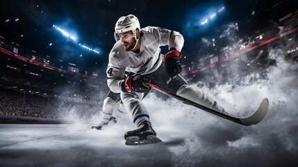 Ice hockey player in action during a professional hockey game - obrazy, fototapety, plakaty