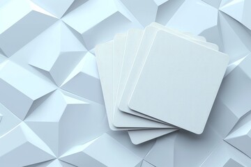 Blank white business cards on modern white geometric background. 3d rendering illustration.