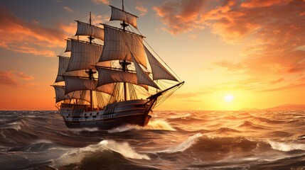 A ship is sailing on the sea under the sunset - obrazy, fototapety, plakaty