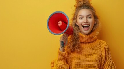 Vibrant Woman Commanding Attention with Megaphone Gesture