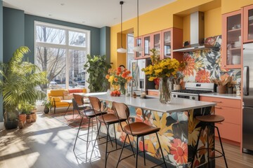 Fototapeta na wymiar modern kitchen with countertops colorful and playful patterns interior designer professional advertising photography