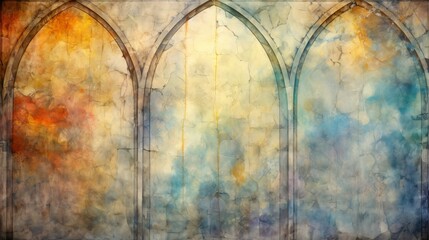 Colorful watercolor painting of a stone wall with three arched openings - obrazy, fototapety, plakaty