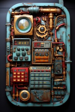 Retrofuturistic steampunk style image of a rusty blue panel with lots of buttons, knobs, and other widgets