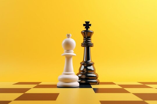A pawn and king chess piece with a game cube on a yellow background. 3D render on the topic of business, work, and chess games. Generative AI