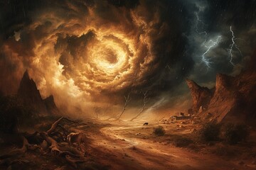 Fantasy landscape painting of a lone wolf walking through a barren post apocalyptic wasteland with a large tornado in the background - obrazy, fototapety, plakaty