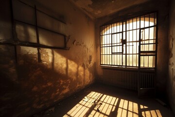 A prison cell with sunlight streaming in through a window. Generative AI