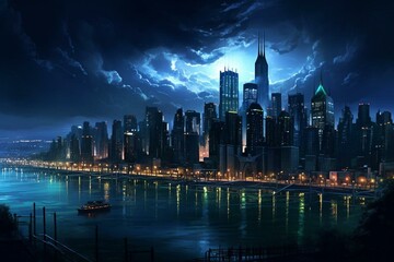 Illustration depicting Gotham city during nighttime. Generative AI