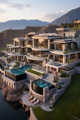 A stunning modern mansion with a pool and a view of the mountains - obrazy, fototapety, plakaty