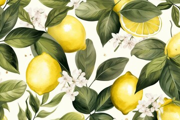 Pattern with lemons, oil paint effect. Bright summer print. Great design for any purposes. Generative AI