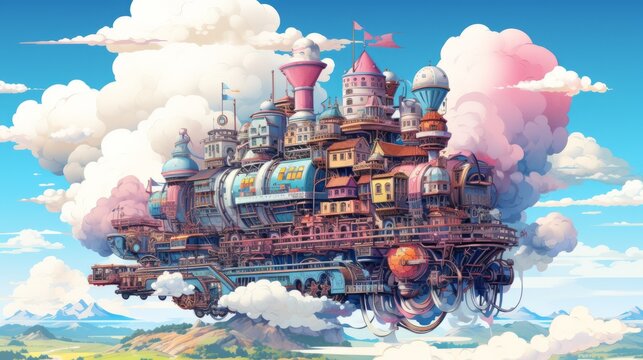 A whimsical illustration of a train with houses and whimsical buildings on it, with a beautiful sky and cloudscape in the background