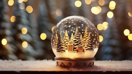 Fototapeta na wymiar A snow globe with a cabin inside it sits on a wooden table.
