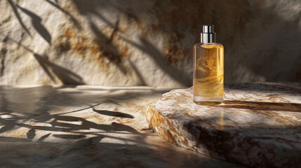 Aesthetic composition of a dropper bottle on a textured stone with a dried plant and shadows casting an artistic pattern on a warm beige background