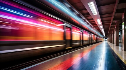 Fototapeta na wymiar A subway train speeds through a station with a blurred background