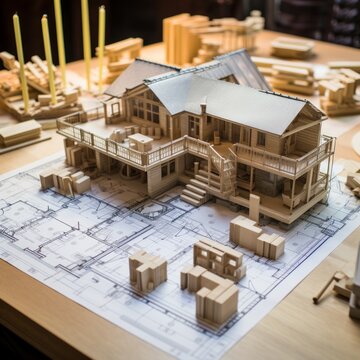 A wooden model house sits on top of a set of blueprints