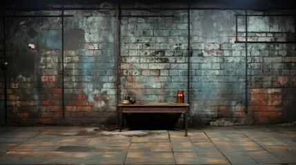 A wooden table in a dark room with brick walls - obrazy, fototapety, plakaty