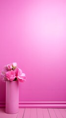 Pink roses in a pink vase against a pink background