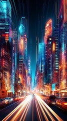 Futuristic cityscape with glowing skyscrapers and light trails from moving cars on a busy highway at night