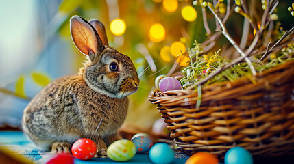 Fototapeta na wymiar A rabbit near a wicker basket with colorful Easter eggs on a colored background.