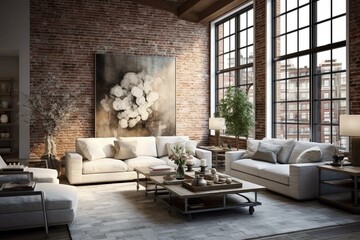 Elegant urban loft featuring white exposed brick walls and a stylish white sofa. Generative AI
