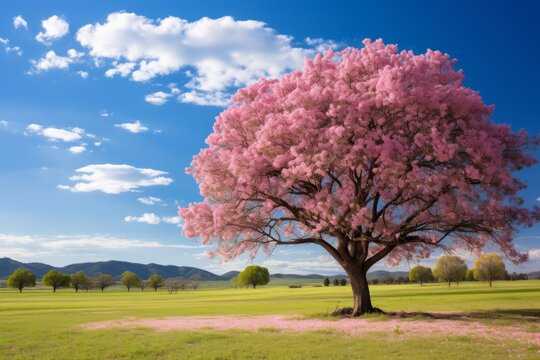 A large tree with pink flowers in a green field