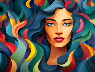 Naklejka premium Beautiful woman on the background of butterflies. Portrait of a woman. Multi-colored pattern.