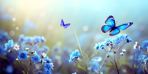  Abstract Nature Spring Background with Flowers and Butterflies a Purple butterfly with sunlight in the grass, in the style of light emerald, high-key lighting-landscape.