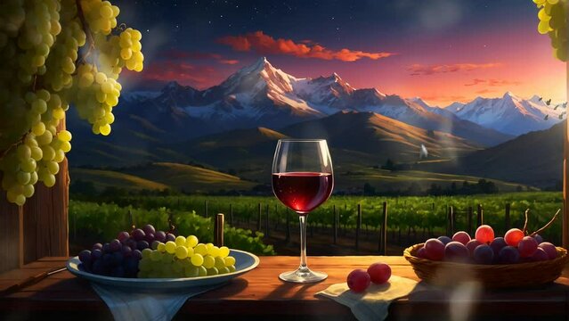 a glass of Argentine wine with the beauty of the Andes mountains, celebrating the Wine Harvest Festival, digital painting illustration style. Seamless looping 4K video animation background.