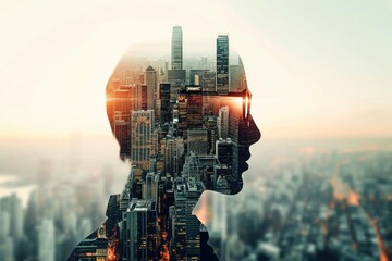 Abstract image of businessman's head silhouette with city emerging from ideas in head and mind. It symbolizes the thoughts and ideas buzzing in your head. - obrazy, fototapety, plakaty