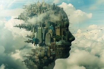 Abstract image of a businessman's head silhouette with a city popping up from thoughts in the head and mind. It symbolizes the thoughts and ideas buzzing in your head. Illustration concept