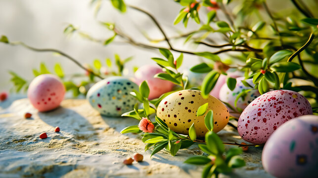 Composition with Easter eggs and green branches. Happy Easter.