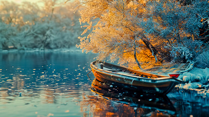 Frozen tree and boat in the lake.