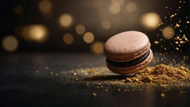 Tipici dolci francesi, macarons su sfondo nero e dorato in uno studio fotografico