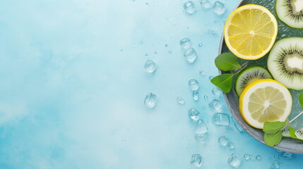 Lemon and Mint Infusion - Sliced lemons and fresh mint leaves floating in a bowl of water, creating a refreshing summer drink, on a light blue textured background