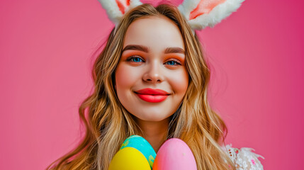 Obraz na płótnie Canvas Happy beautiful young woman smiling wearing rabbit ears holding colorful Easter eggs.