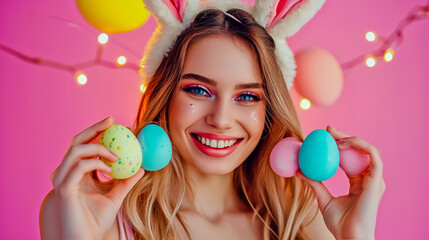 Fototapeta na wymiar Happy beautiful young woman smiling wearing rabbit ears holding colorful Easter eggs.