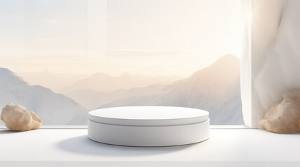 Obraz na płótnie Canvas Modern white podium against a snowy mountain backdrop, illuminated by natural light